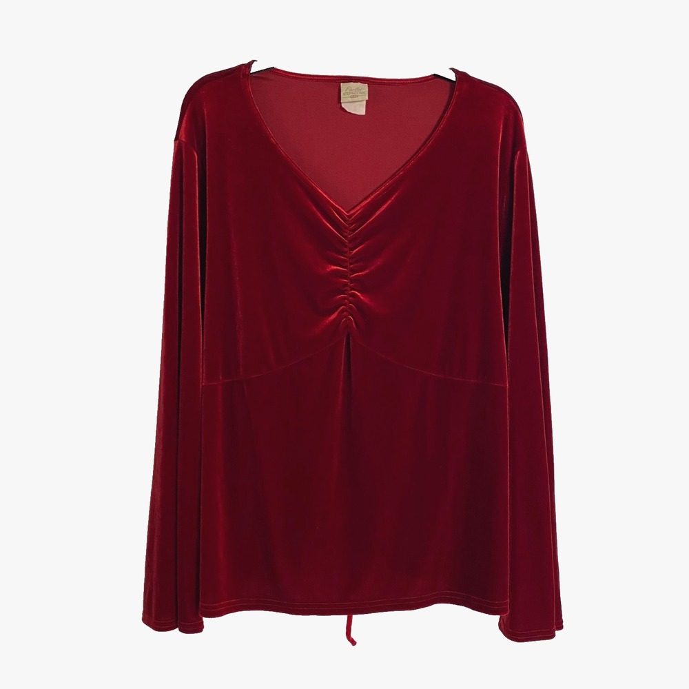 Fiorlini‎ Top Womens Red Velvet Plus Size Rushed V Neck Long Sleeve
